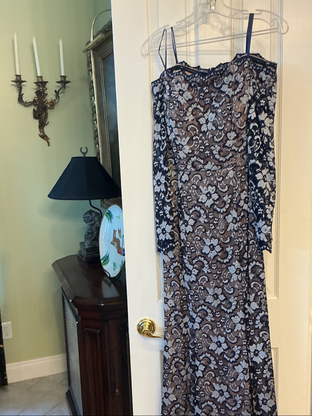 Xscape Navy Dress with Light Blue Lace Overlay